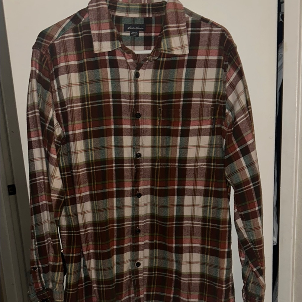 Eddie Bauer Large 100% Cotton Brown Tan Casual Button Down Shirt